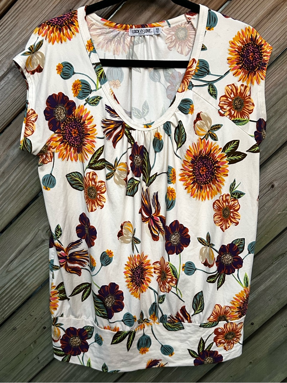 Lock & Love Cream Purple Orange Floral Scoop Neck Short Cap Sleeve Top size XXL
